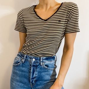 Chaps Brown & Tan Striped V Neck Casual Tee | L